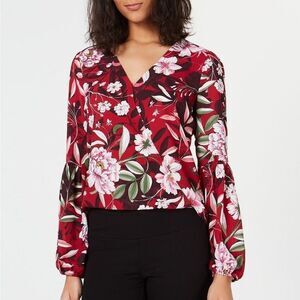 Bar III Red Floral Faux Wrap‎ Blouson Long Blouson Sleeve Blouse Top S/XL